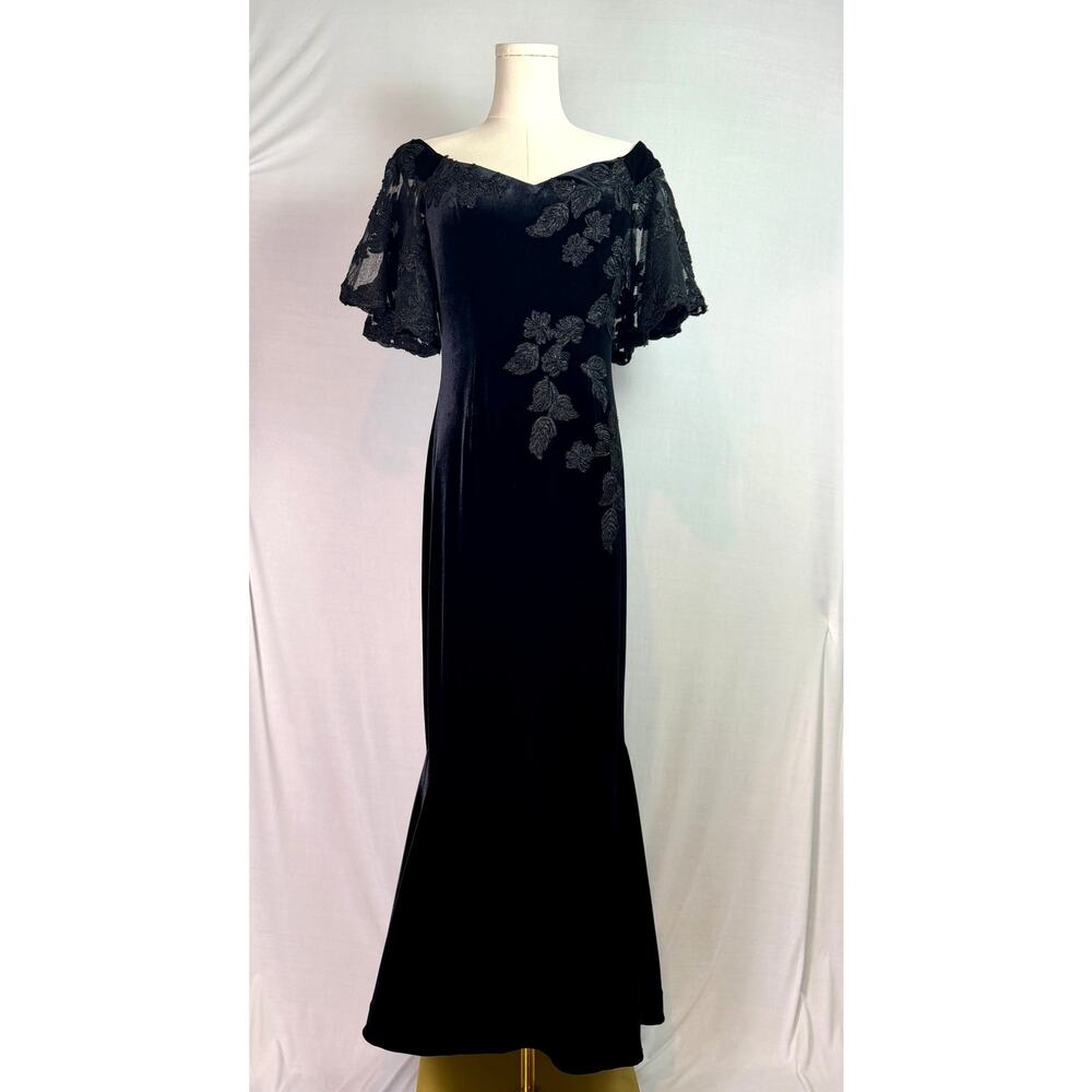 Rickie Freeman Teri Jon Black Sz 8 Velvet Lace Mermaid Gown 8 Black Tie Formal - Picture 2 of 10